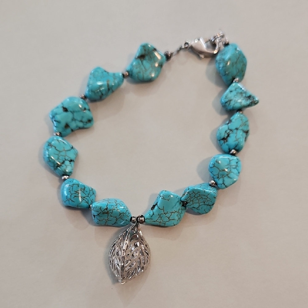 Turquoise Bracelet with Silver Leaf Charm One Of A Kind 8 Inches